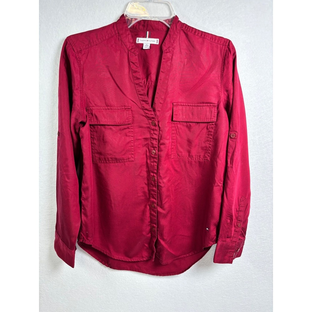Tommy Hilfiger Womens XS Burgundy Red Lyocell Roll Tab Sleeve Button Down Shirt